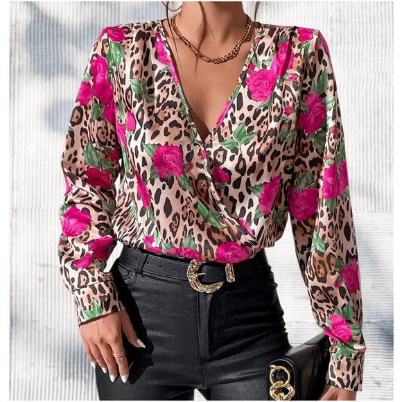 Tops - Luxe Floral Leopard Print Satin Bodysuit